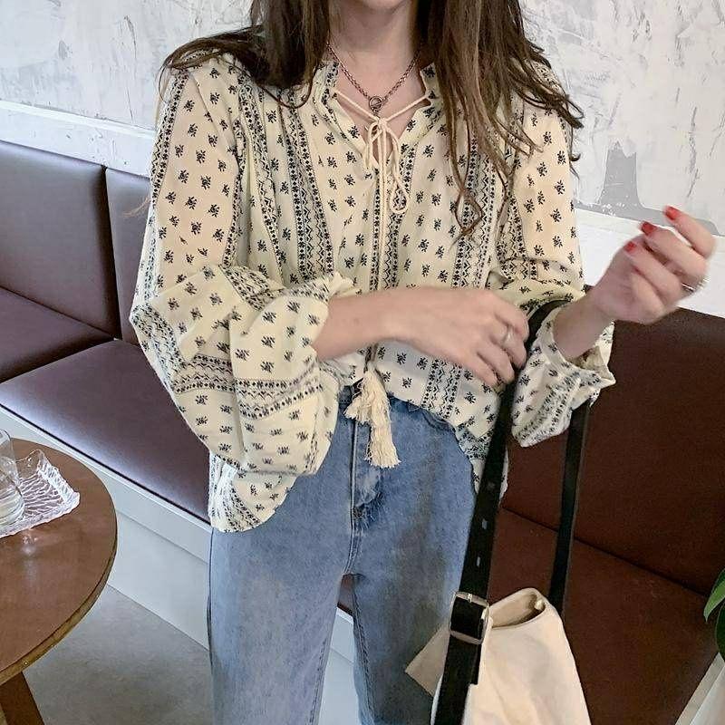 [台灣出貨]B2045  2023早秋新款 印花襯衫 復古圖騰上衣 寬鬆襯衫 波希米亞風襯衫 綁帶上衣 民族風 碎花襯衫-細節圖4