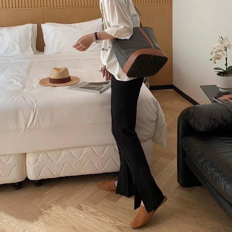 【D2074】韓妞涼感前開衩長褲 涼感褲 開岔長褲 美腿長褲  顯瘦長褲 夏天長褲 鬆緊腰圍長褲-細節圖2