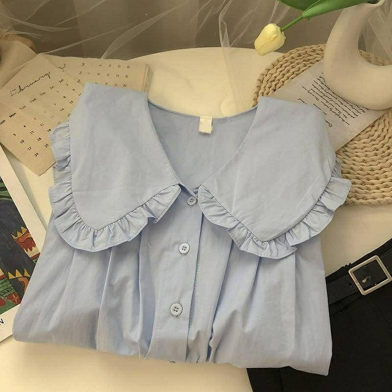 【B2041】  法式浪漫襯衫 荷葉領襯衫 挺版 娃娃領襯衫 單排扣上衣-細節圖2