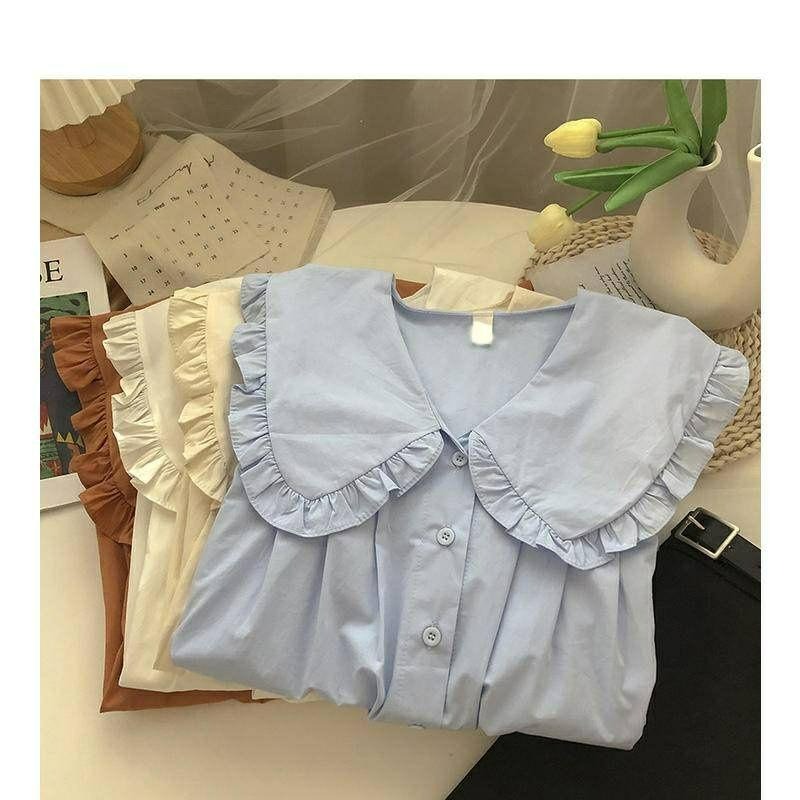 【B2041】  法式浪漫襯衫 荷葉領襯衫 挺版 娃娃領襯衫 單排扣上衣-細節圖3