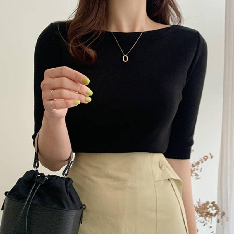 【B2052】 薄款針織上衣 冰絲針織上衣 親膚上衣 五分袖針織上衣 打底針織衫 顯瘦針織衣-細節圖3