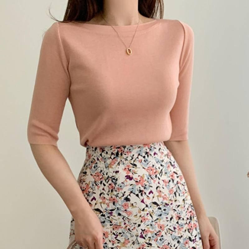 【B2052】 薄款針織上衣 冰絲針織上衣 親膚上衣 五分袖針織上衣 打底針織衫 顯瘦針織衣-細節圖4