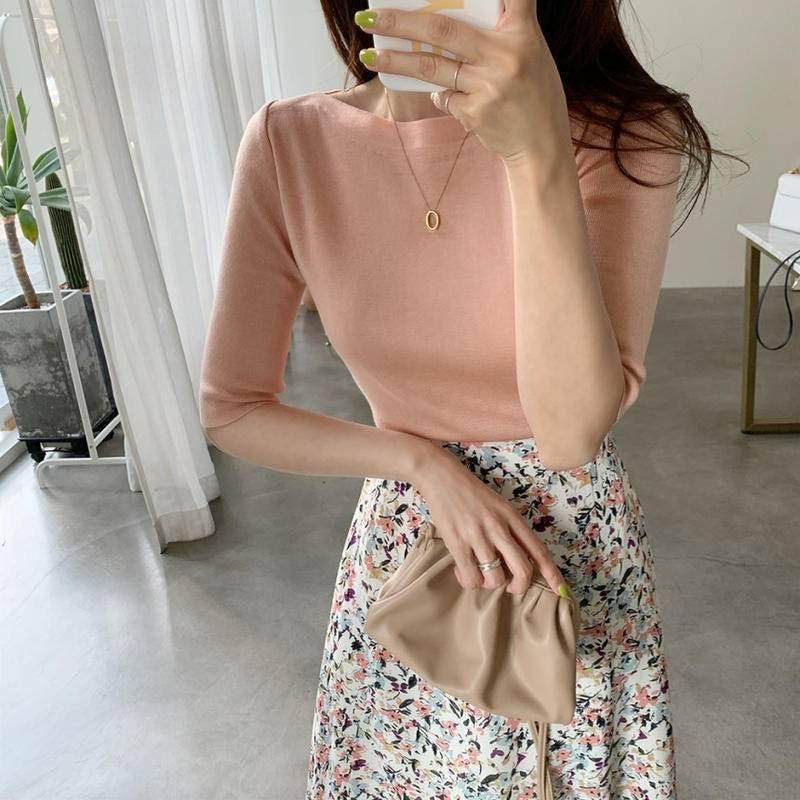 【B2052】 薄款針織上衣 冰絲針織上衣 親膚上衣 五分袖針織上衣 打底針織衫 顯瘦針織衣-細節圖6