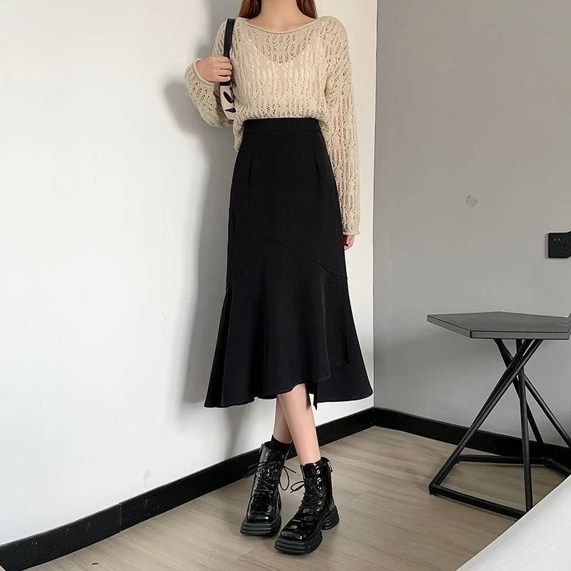 【D2046】唯美百搭魚尾長裙 復古長裙 魚尾裙擺半身裙 秋冬長裙 過膝長裙 高腰包臀裙-細節圖5