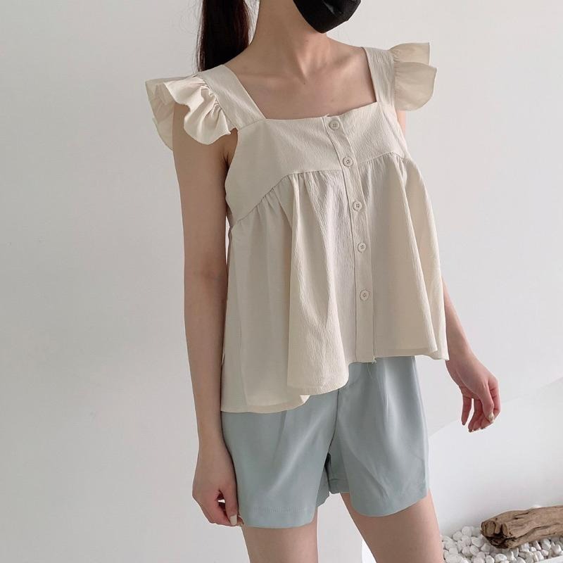 【B2102】韓妞荷葉邊娃娃上衣 寬鬆娃娃裝 方領顯瘦上衣 寬鬆無袖上衣 春夏上衣 透氣舒適-細節圖2