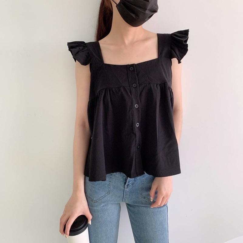【B2102】韓妞荷葉邊娃娃上衣 寬鬆娃娃裝 方領顯瘦上衣 寬鬆無袖上衣 春夏上衣 透氣舒適-細節圖7
