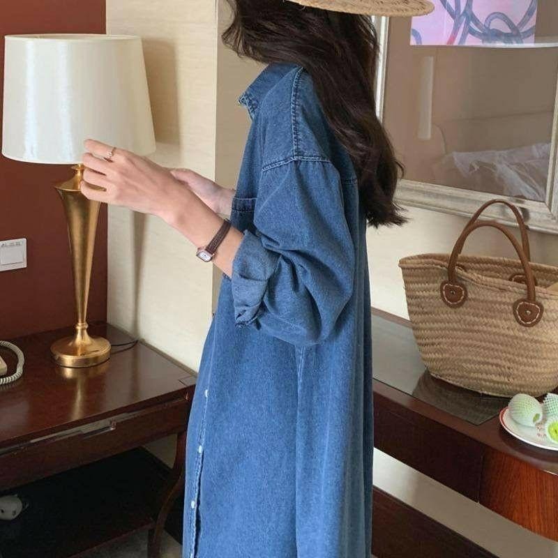 【A2061】 秋冬百搭寬鬆 牛仔襯衫長洋裝 長袖罩衫 牛仔長版外套-細節圖2