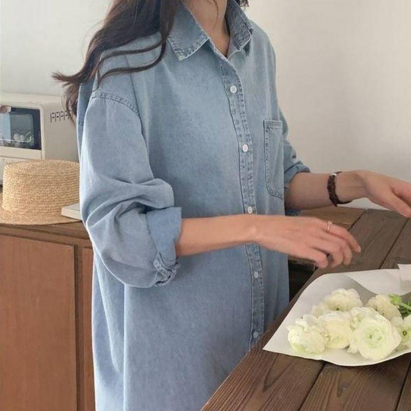 【A2061】 秋冬百搭寬鬆 牛仔襯衫長洋裝 長袖罩衫 牛仔長版外套-細節圖3