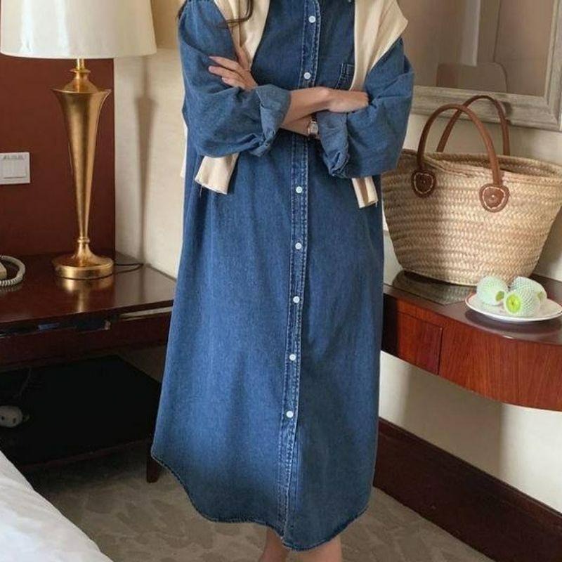 【A2061】 秋冬百搭寬鬆 牛仔襯衫長洋裝 長袖罩衫 牛仔長版外套-細節圖5