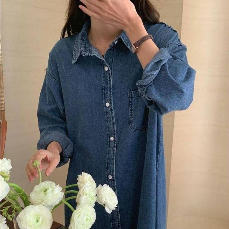 【A2061】 秋冬百搭寬鬆 牛仔襯衫長洋裝 長袖罩衫 牛仔長版外套-細節圖6