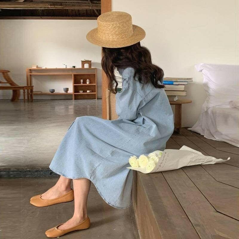 【A2061】 秋冬百搭寬鬆 牛仔襯衫長洋裝 長袖罩衫 牛仔長版外套-細節圖7