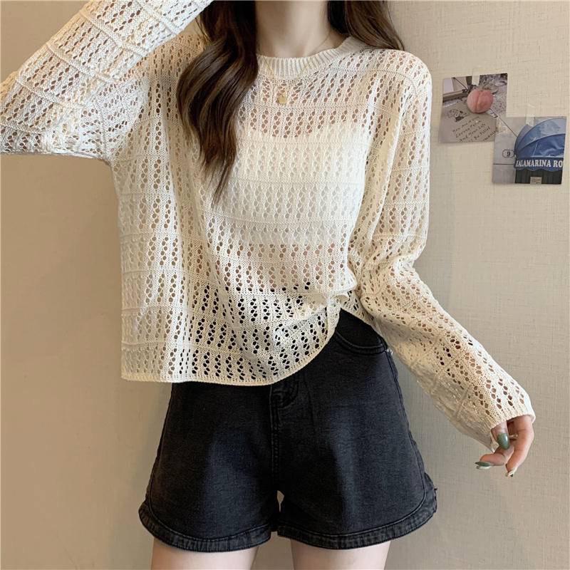 ［台灣出貨］B2098韓妞必備微露膚針織罩衫 薄款針織上衣 長袖鏤空針織上衣 防曬罩衫 長袖針織罩衫-細節圖3