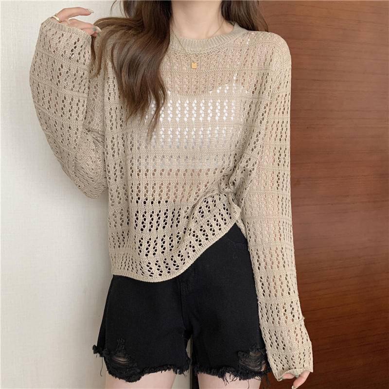 ［台灣出貨］B2098韓妞必備微露膚針織罩衫 薄款針織上衣 長袖鏤空針織上衣 防曬罩衫 長袖針織罩衫-細節圖5