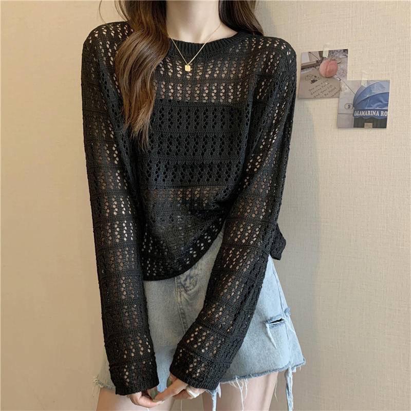 ［台灣出貨］B2098韓妞必備微露膚針織罩衫 薄款針織上衣 長袖鏤空針織上衣 防曬罩衫 長袖針織罩衫-細節圖6