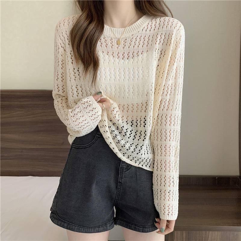 ［台灣出貨］B2098韓妞必備微露膚針織罩衫 薄款針織上衣 長袖鏤空針織上衣 防曬罩衫 長袖針織罩衫-細節圖7