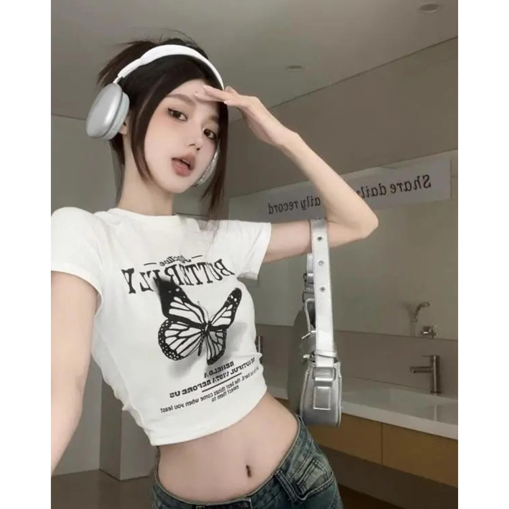 AS🤍 純棉 修身 短袖 夏季 t恤 露肚 蝴蝶 甜辣妹 ins 正肩 上衣-細節圖2