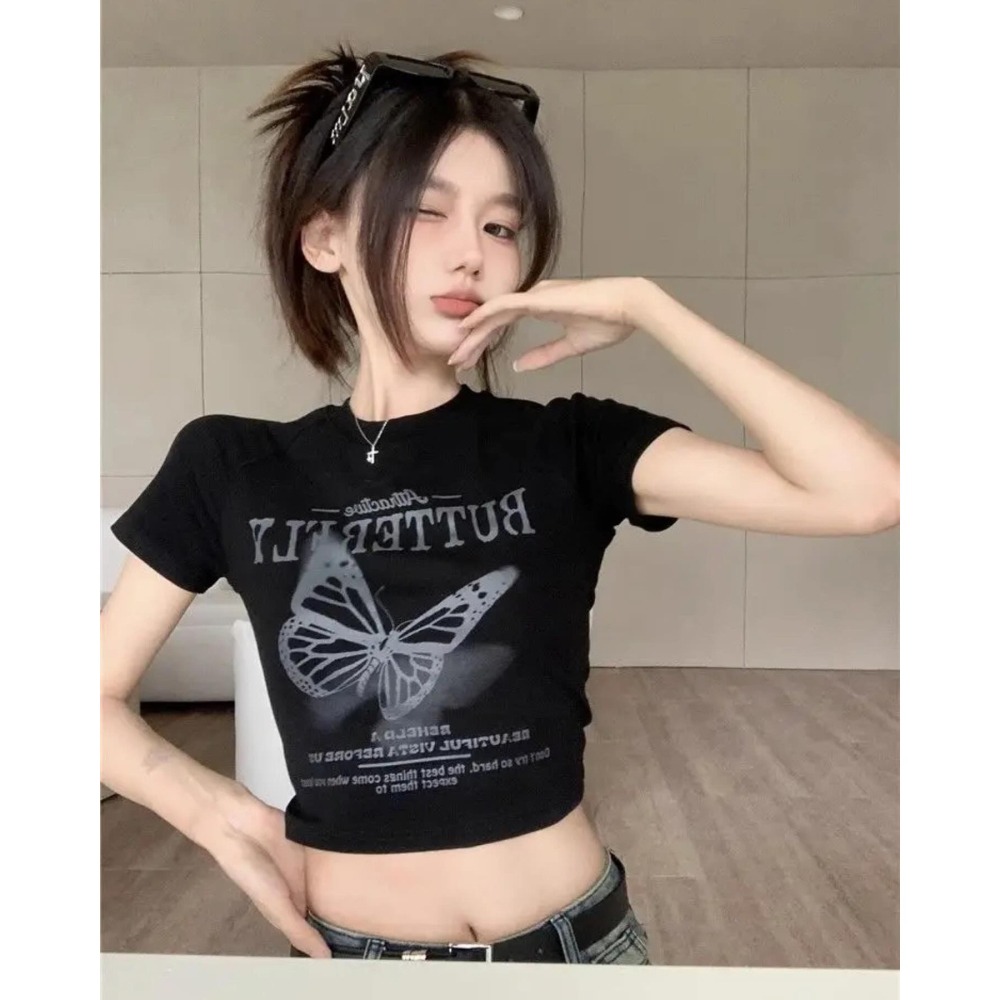 AS🤍 純棉 修身 短袖 夏季 t恤 露肚 蝴蝶 甜辣妹 ins 正肩 上衣-細節圖4