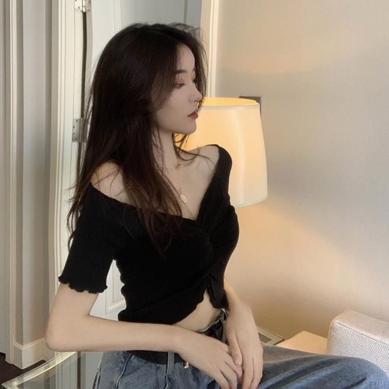 AS🤍 復古 少女 露臍 修身 T恤 木耳邊 夏季 性感 緊身 一字領 短款 上衣-規格圖4