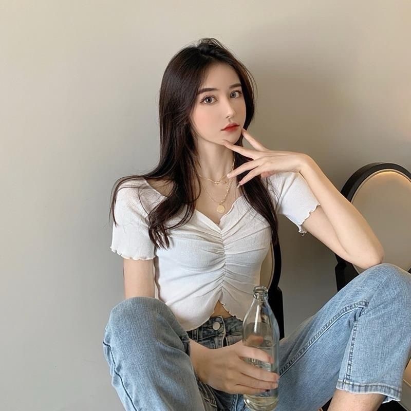 AS🤍 復古 少女 露臍 修身 T恤 木耳邊 夏季 性感 緊身 一字領 短款 上衣-規格圖4