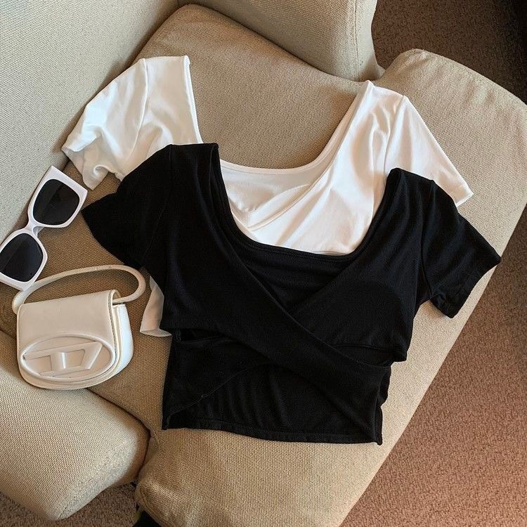 AS🤍 方領 T恤 帶胸墊 露背 純欲 正肩 短款上衣-細節圖3