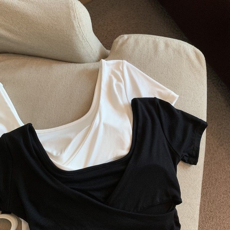 AS🤍 方領 T恤 帶胸墊 露背 純欲 正肩 短款上衣-細節圖4