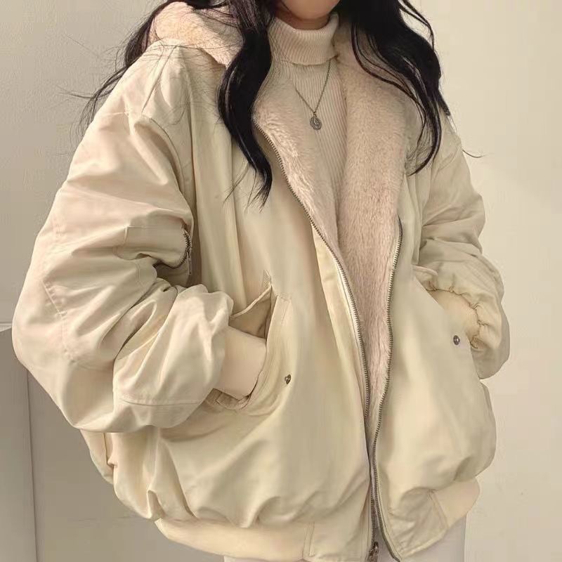 AS🤍 韓國 加絨 加厚 兩面穿 羊羔毛 棉服 外套 冬季 寬松 連帽 棉外套-規格圖8