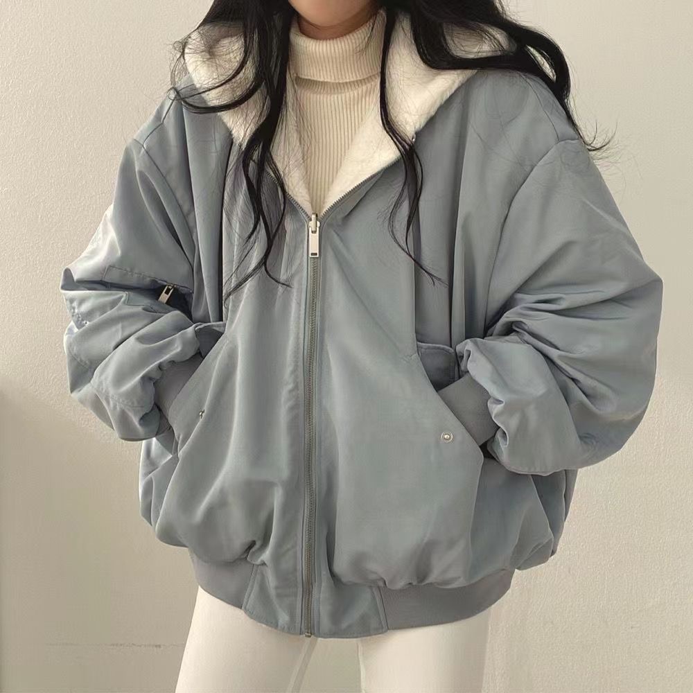 AS🤍 韓國 加絨 加厚 兩面穿 羊羔毛 棉服 外套 冬季 寬松 連帽 棉外套-規格圖8