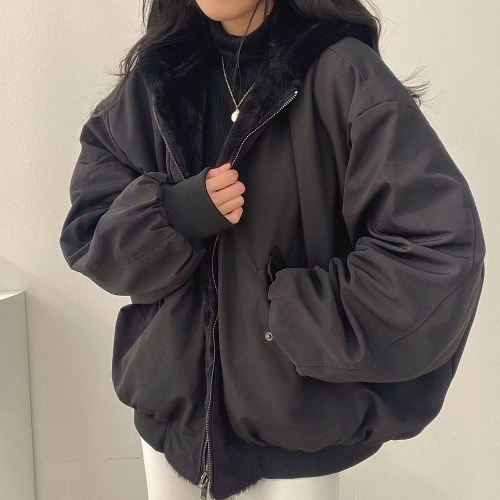 AS🤍 韓國 加絨 加厚 兩面穿 羊羔毛 棉服 外套 冬季 寬松 連帽 棉外套-規格圖8