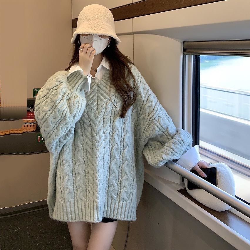 AS🤍 秋冬 寬大 慵懶風 v領 毛衣 顯瘦 高級 時尚 針織衫-細節圖6