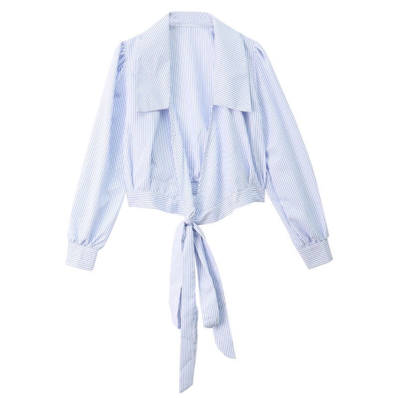 AS🤍 韓系 甜辣 高腰 設計感 小眾 條紋 長袖 襯衫 秋款 小個子 短款 上衣-細節圖6