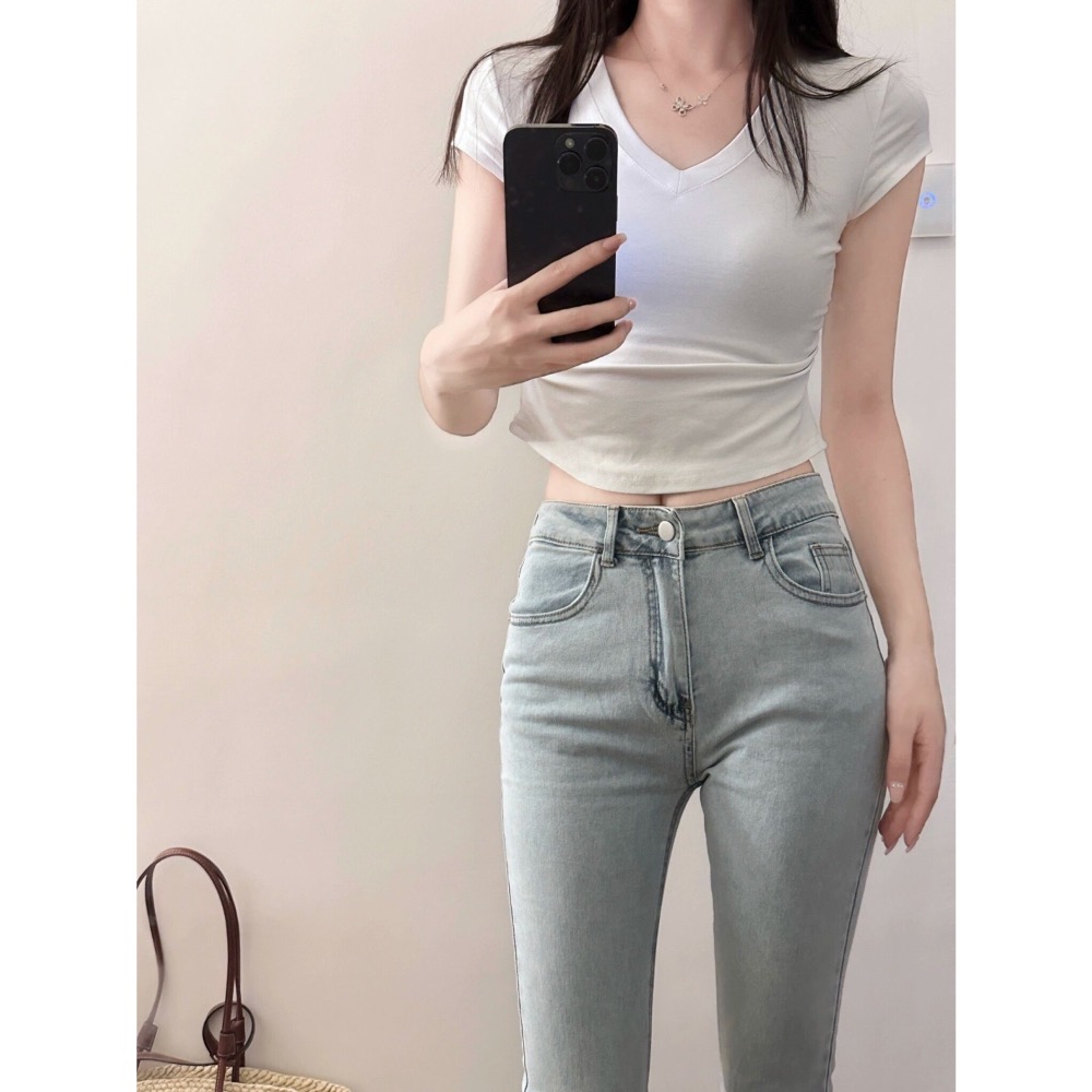 AS🤍 淺色 微喇 牛仔褲 薄款 高腰 彈力 顯瘦 修身 復古 美式 提臀 喇叭褲-細節圖2