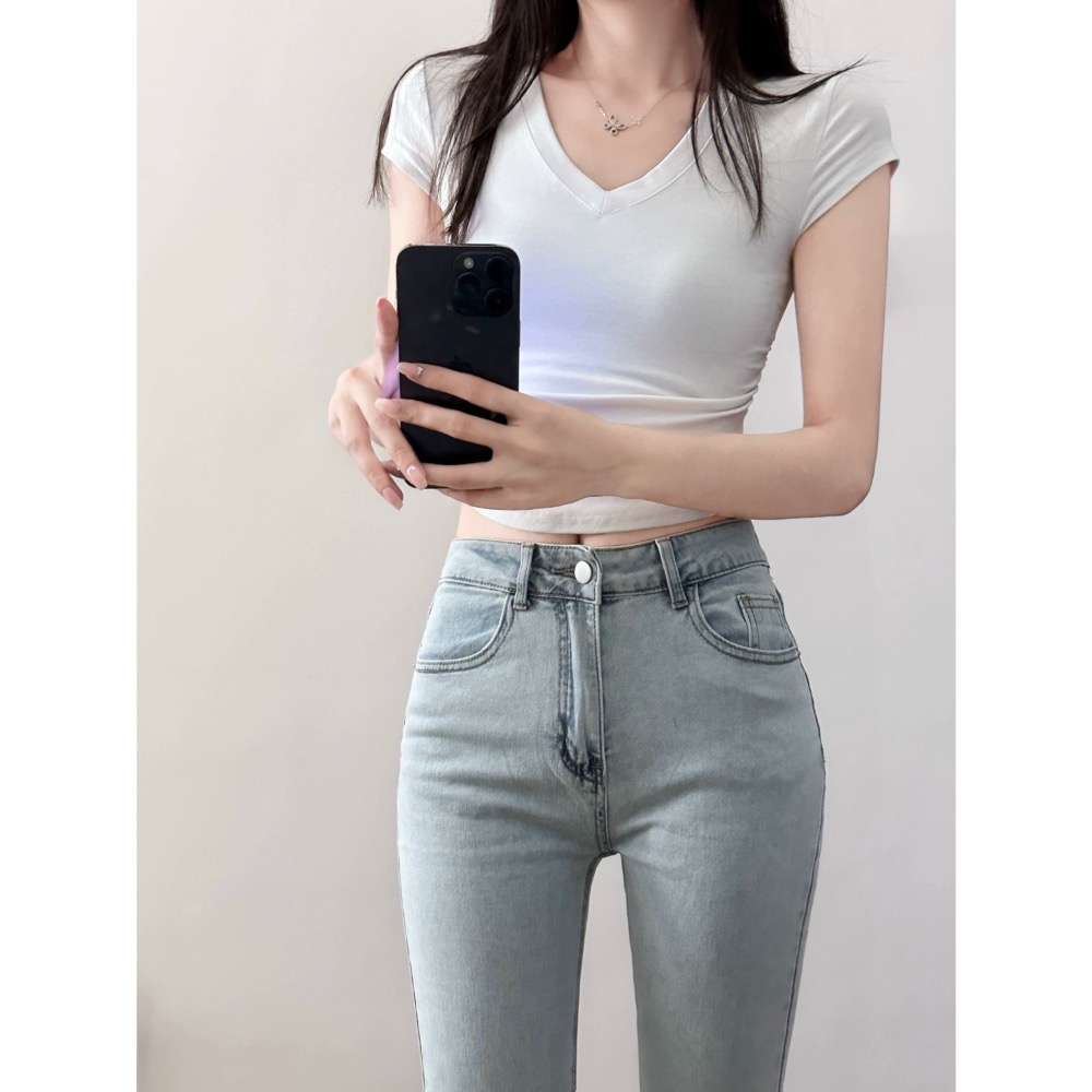 AS🤍 淺色 微喇 牛仔褲 薄款 高腰 彈力 顯瘦 修身 復古 美式 提臀 喇叭褲-細節圖4
