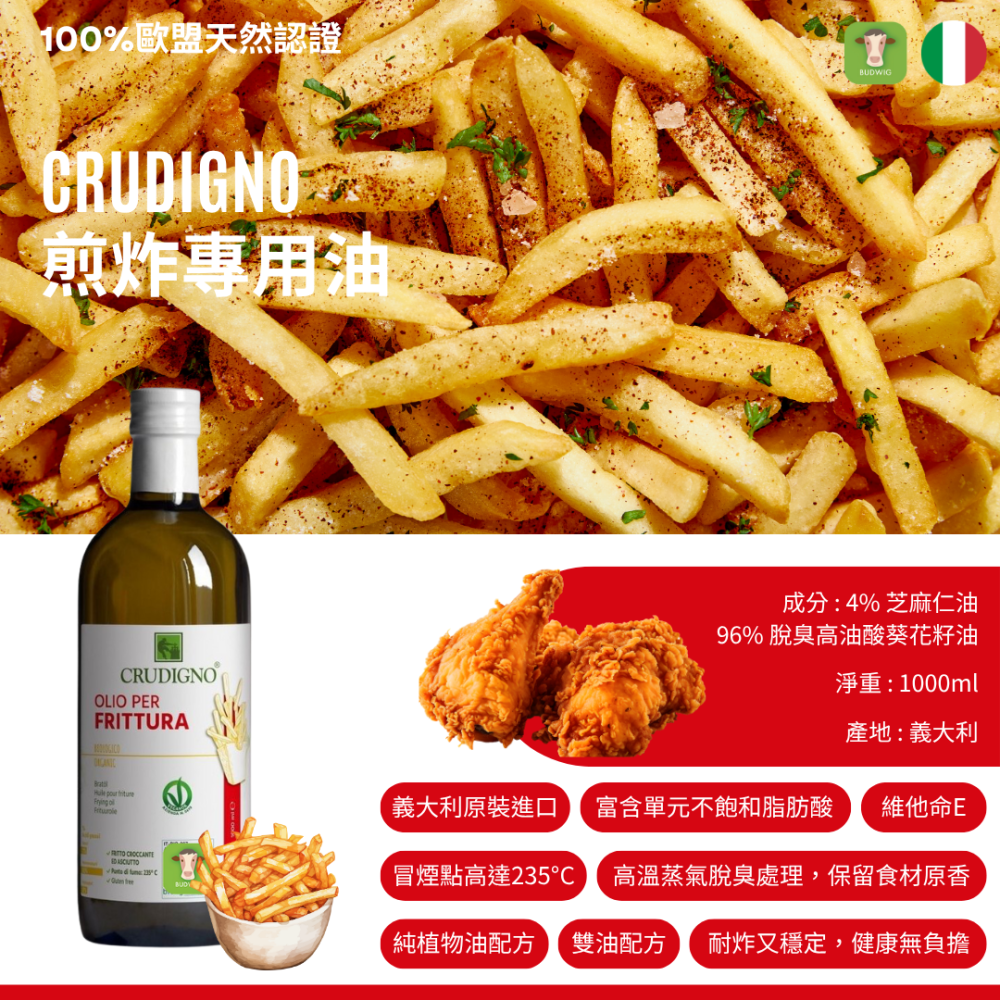 【CRUDIGNO 煎炸專用油】義大利原裝 通過歐盟天然認證 (1公升)-細節圖2