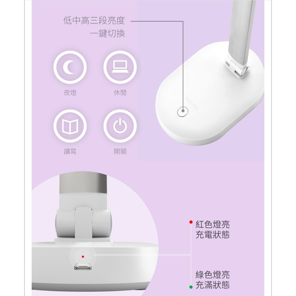 Philips 飛利浦 酷玉LED全光譜可攜式充電檯燈66145-細節圖2