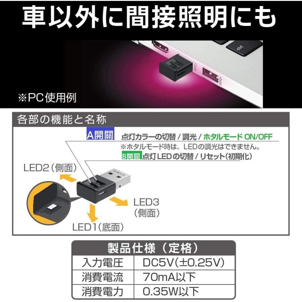 【布拉斯】 SEIKO 車用 室內 輔助燈 8色 LED燈 小夜燈 迷你USB燈 EL-172-細節圖8