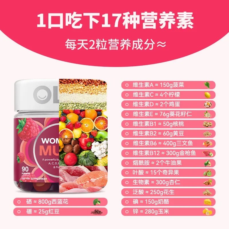 🖐全館免運🚚OLLY女性髮膚甲複合維生素軟糖護髮葉酸菸鹼醯胺營養90粒瓶 七老闆 七老板 三只羊 瘋狂小楊哥 推薦-細節圖3