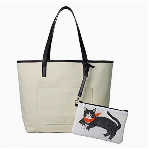 袋我走【EFFE BEAMS 米色托特包+貓咪圖案長方平口拉鍊小包】-細節圖2