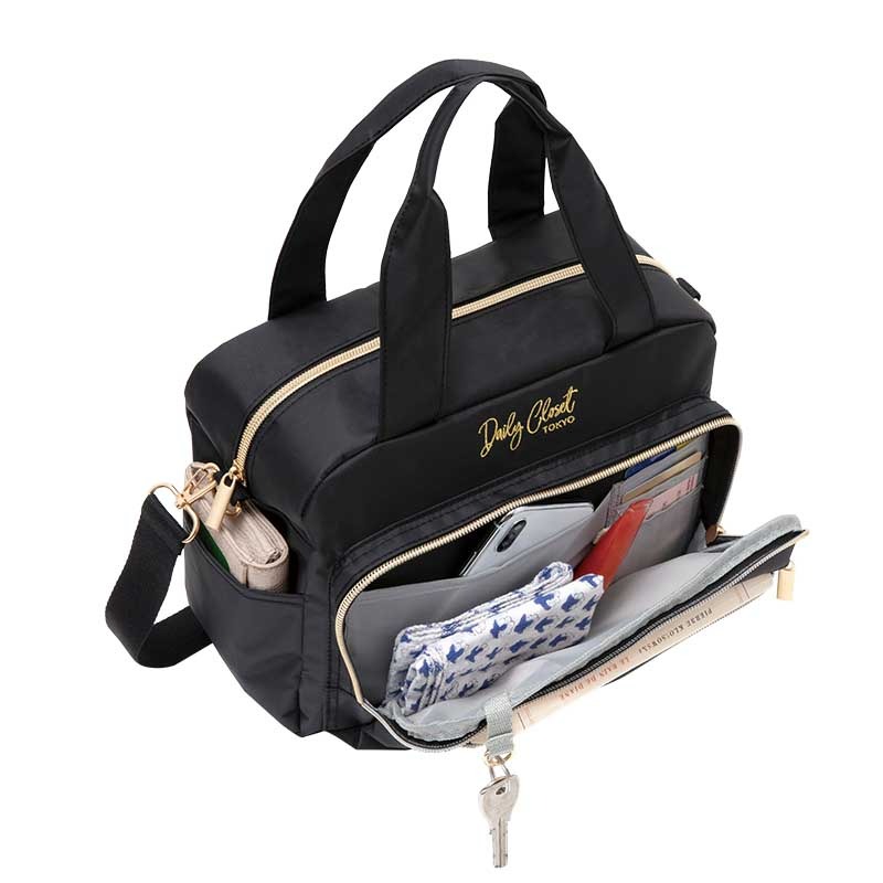 袋我走【Daily Closet 黑色金拉鍊雙層手提單肩側背斜挎包通勤包2way包】-細節圖3