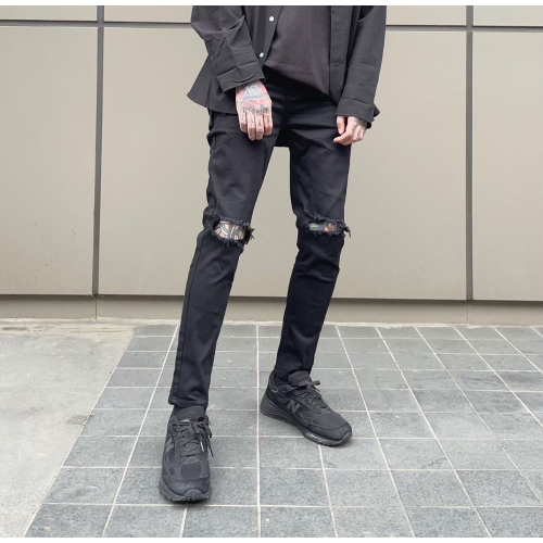 [HAX]黑色素面彈性破褲 韓版 修身 膝蓋挖空 長褲 牛仔褲 大破壞 GD款 顯瘦