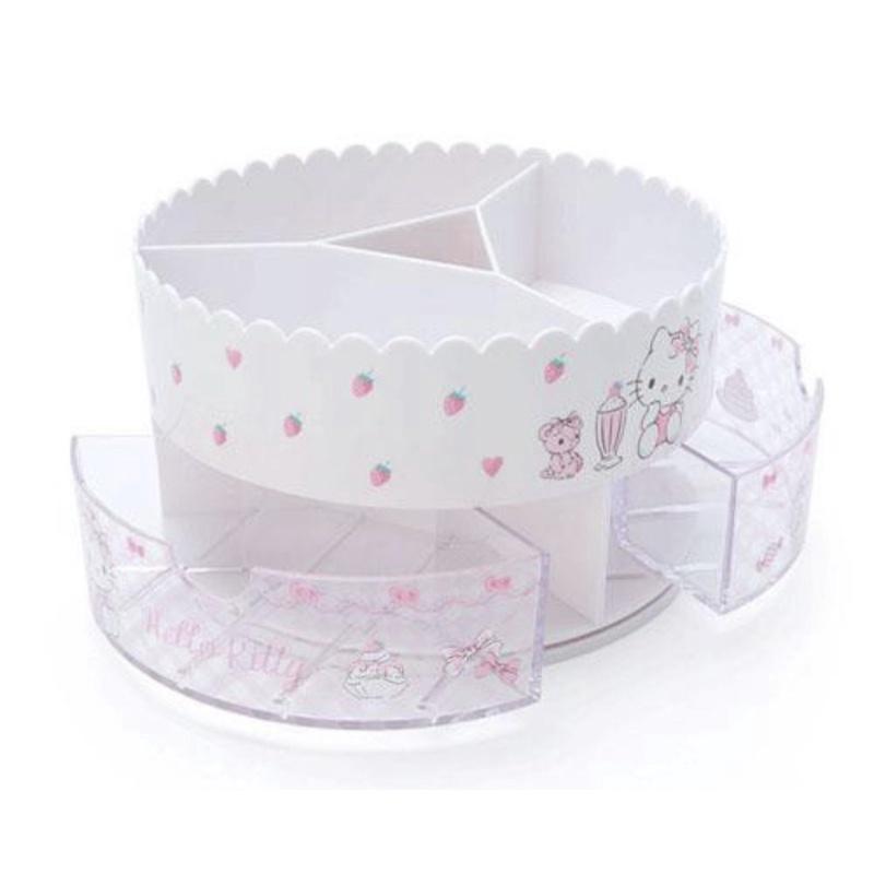 《現貨》日本製 Hello Kitty 三麗鷗 圓形塑膠旋轉化妝品架 旋轉抽屜盒 口紅架 瓶罐架 小物收納 日本代購-細節圖3