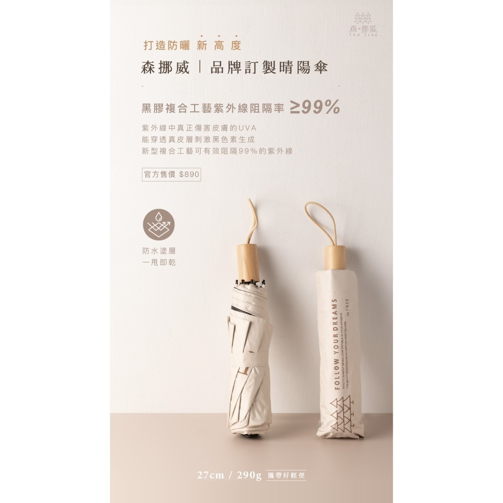 超輕巧好攜帶｜品牌訂製晴陽傘 NT.890｜黑膠複合工藝，紫外線阻隔率99％以上｜防水塗層，一甩即乾-細節圖2