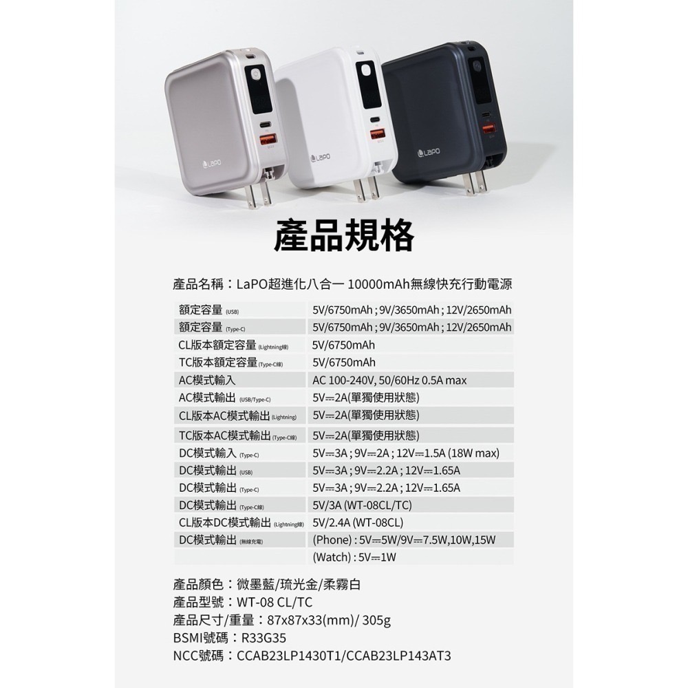【使用折價券現折200元】LaPO 超進化八合一10000mAh無線快充行動電源WT-08三代行動電源行動充萬能充-細節圖10