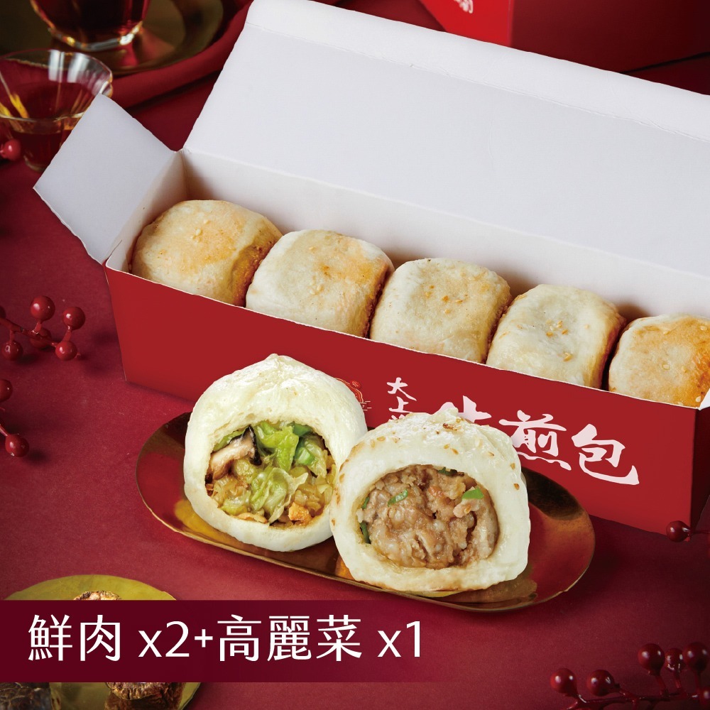 【士林夜市大上海生煎包】招牌鮮肉包/經典高麗菜包/麻辣鮮肉包_任選3盒組(5顆裝/盒)-規格圖2