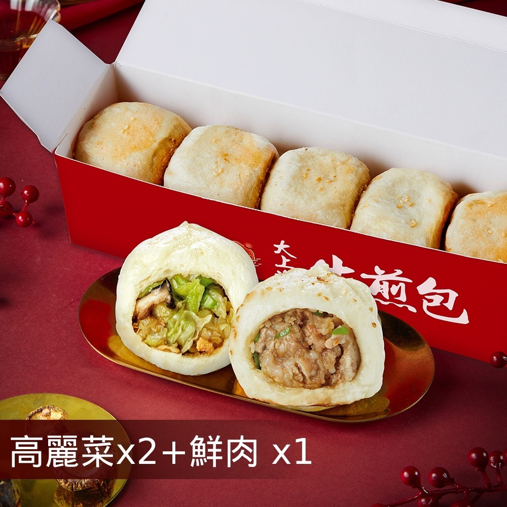 【士林夜市大上海生煎包】招牌鮮肉包/經典高麗菜包/麻辣鮮肉包_任選3盒組(5顆裝/盒)-規格圖2