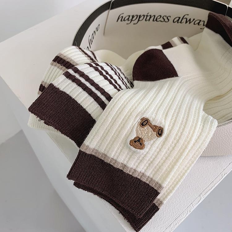 VYPST 現貨 咖啡色系條紋熊熊中筒襪 襪子 長襪  純棉襪 生日禮物 交換禮物 情人節禮物-細節圖7