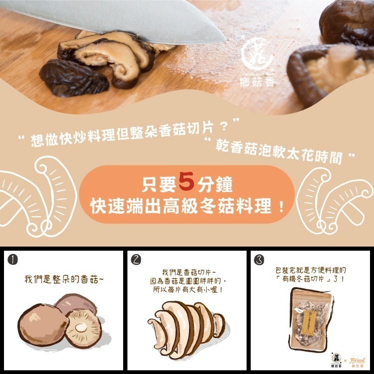 【鄉菇香 親好屋】有機冬菇切片60克 台灣在地 香菇 台中新社 黑早冬菇 香氣 快速料理 快炒蒸煮 新鮮 呂健旭 香菇絲-細節圖4