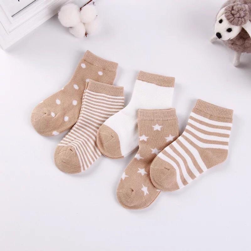 全棉 可愛寶寶襪！可愛星星波點條紋圓點寶寶襪 男女寶寶兒童襪中筒寶寶襪 童襪 一組五雙 (5雙入包裝) 棉襪 5入-細節圖4