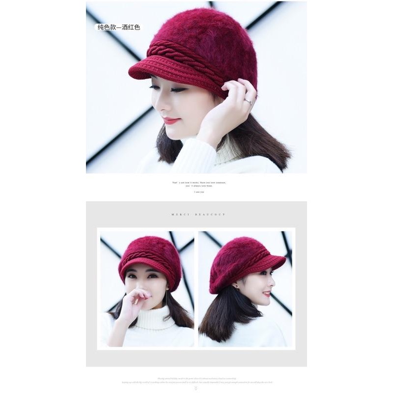 韓版百搭時尚針織毛線 兔毛帽子 冬季加厚加絨針織帽子 女士秋冬韓版兔毛時裝貝雷帽子 顯瘦 針織毛線帽子-細節圖2