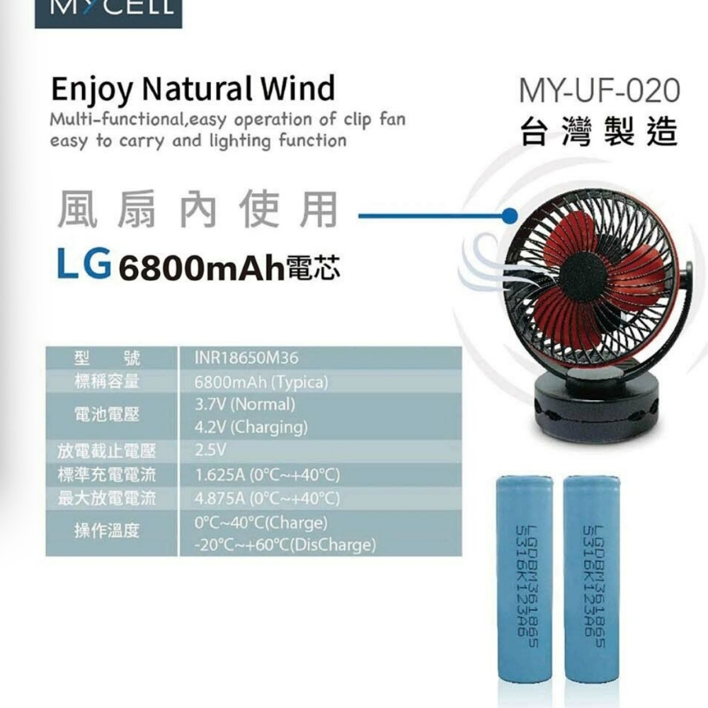 韓國LG 6800mAh 電芯 可夾式 可立 四段強風 BSMI認證 MYCELL-020 多功能電風扇 保固六個月-細節圖7