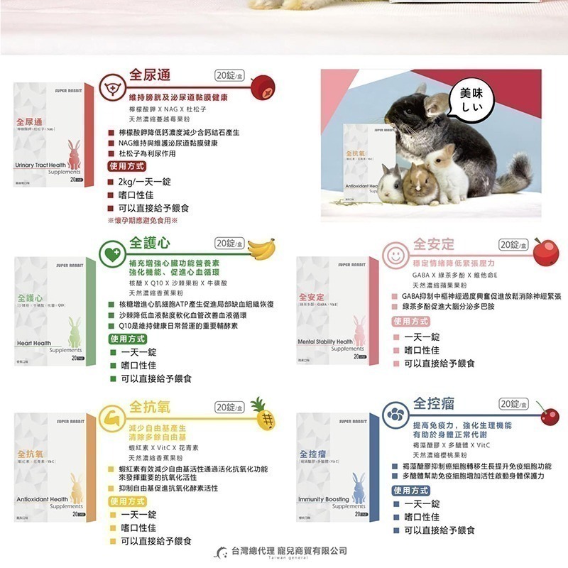 ◆趴趴兔牧草◆全能兔 保健食品 20錠 全尿通 全抗氧 全護心 全控瘤 全安定-細節圖2